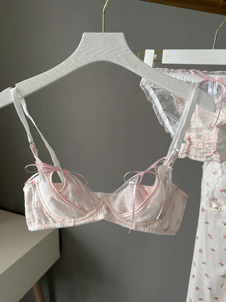 YUQI Kawaii Spitzen-Bralette-Set, japanische Blumen-Mesh-Unterwäsche, Sommer, ultradünn, Schnür-Ausschnitt, romantischer BH, 2024, neues Kawaii-Set