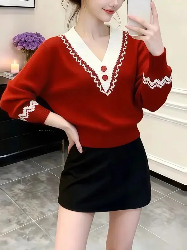 

Новый зимний вязаный свитер V-Ne, женский красный модный дизайн, повседневный простой свитер с ленивым рукавом, удобный свободный крой, длинный ...