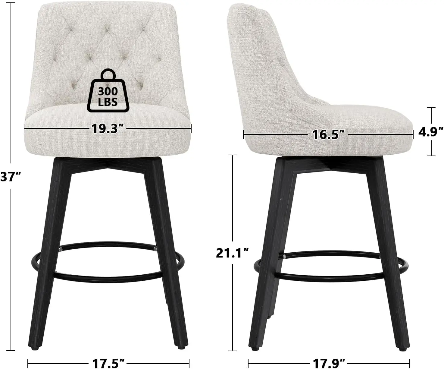 Modern 26 Inch Bar Stools Set Of 2, Swivel Height Counter Stools With High Back, Dark Beige Upholstered Barstool, Bar Chair