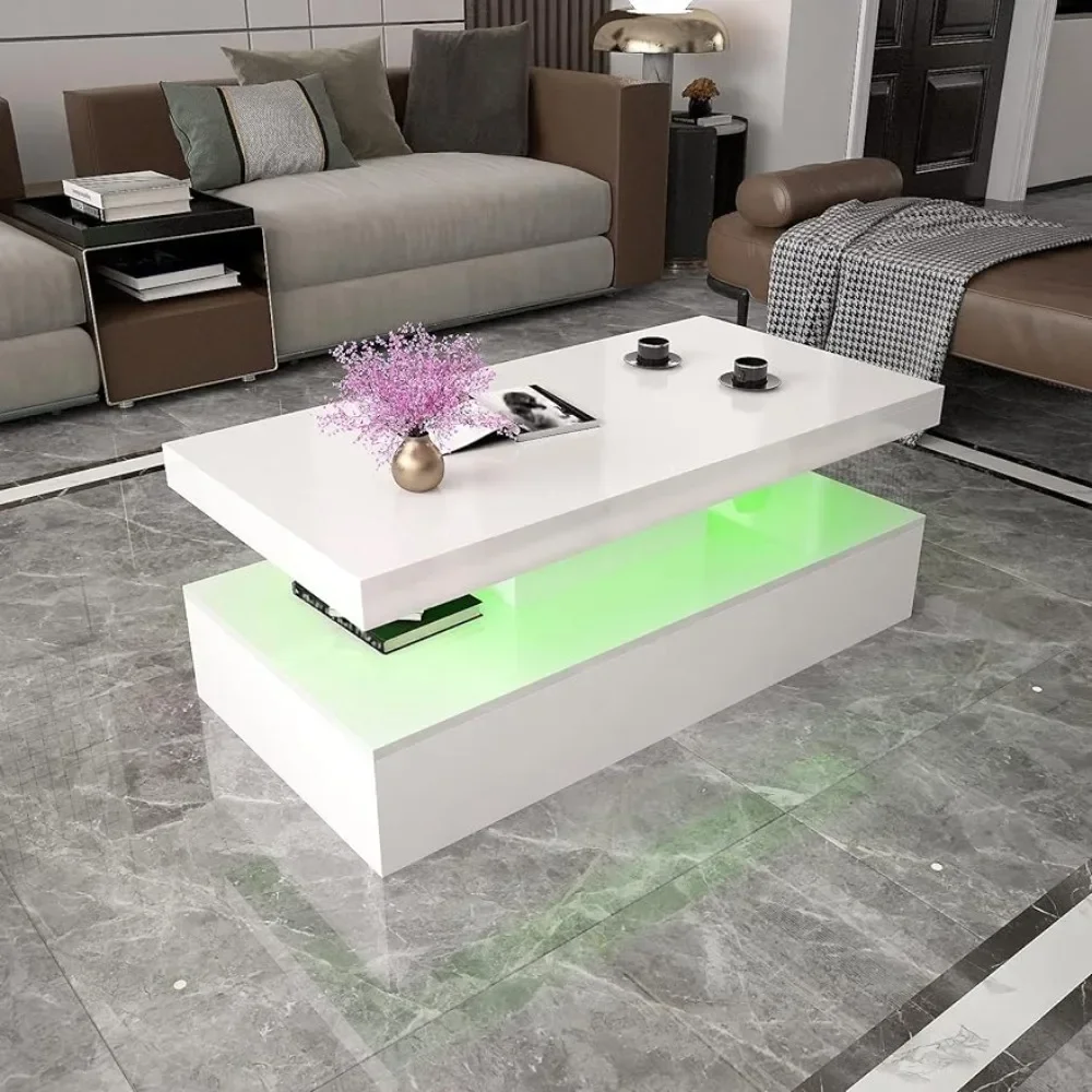 LED Coffee Table, White Modern High Gloss Coffee Table with RGB Light, Rectangular Coffee Table with Remote Control Living Room