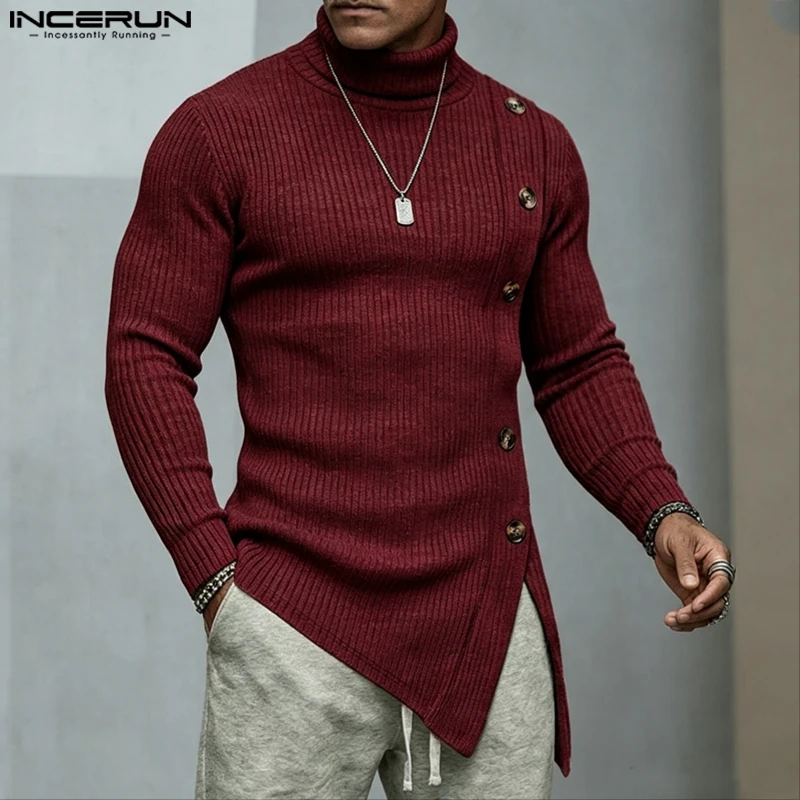 INCERUN Men's Sweaters Solid Color Turtleneck Long Sleeve Knitted Male Irregular Pullovers Streetwear Fashion Casual Men Clothes