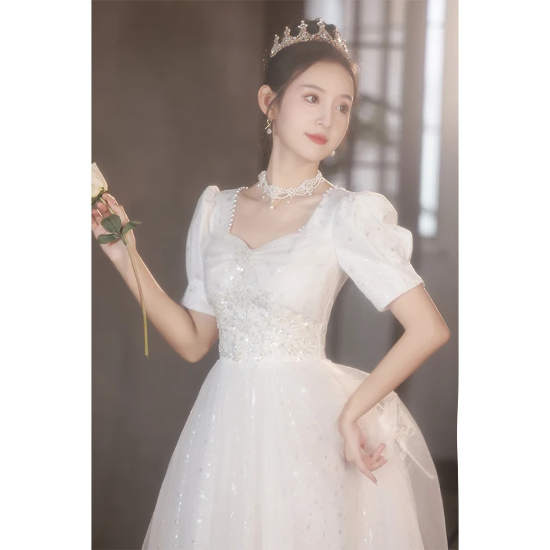 

White Evening Dresses Women's Elegant Square Collar Puff Sleeves Sequin Applique Beading Banquet Temperament Party Wedding Gowns