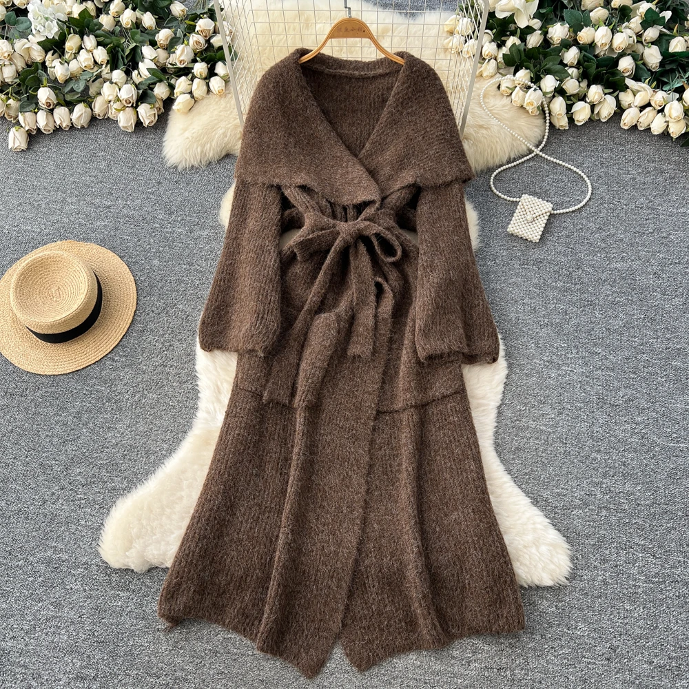 SuperAen Loose Casual Cardigan Coats for Women 2025 Winter New Lace-up Waist Large Turn-down Collar Knitted Dresses