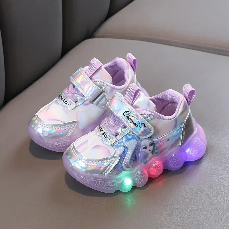 Disney Spring Autumn Girls Cartoon Sneakers frozen ELSA New Lighted Casual Shoes Sports Shoes Children's Running Shoes