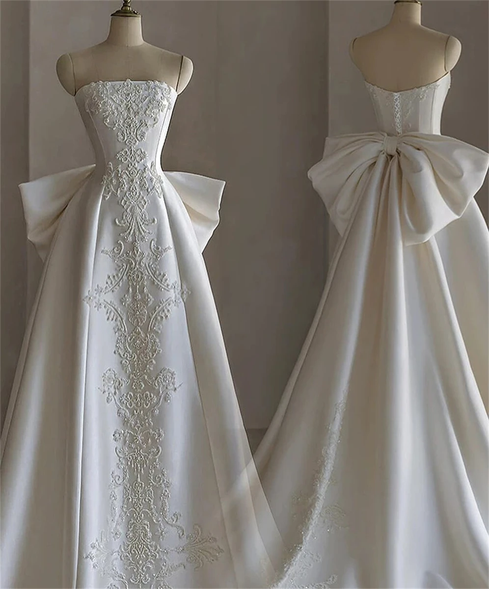 

Customized Graceful White Satin Evening Dress Exquisite Strapless Sleeveless Lace Up Back Bow Beading Special Occasion Gowns