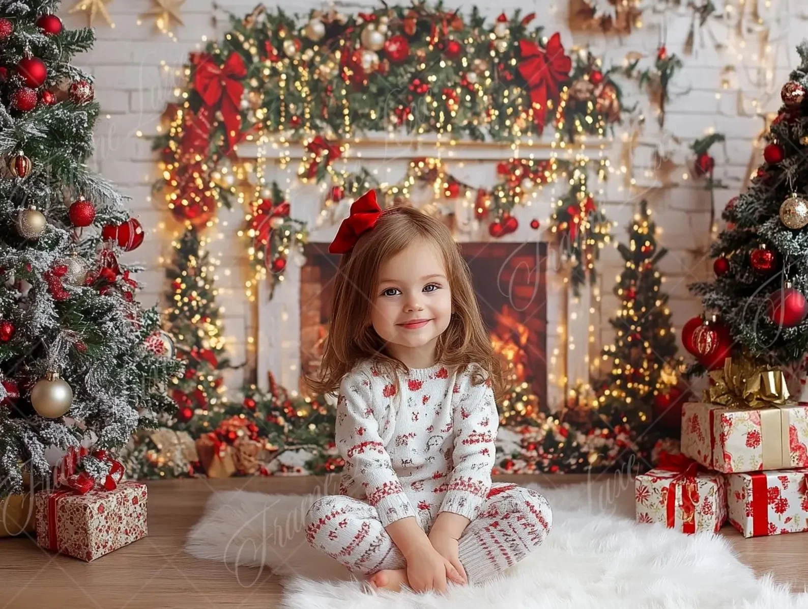 خلفية مدفأة عيد الميلاد الرجعية لاستوديو التصوير الفوتوغرافي جدار الطوب هدايا شجرة عيد الميلاد على الأرض زينة لامعة للأطفال