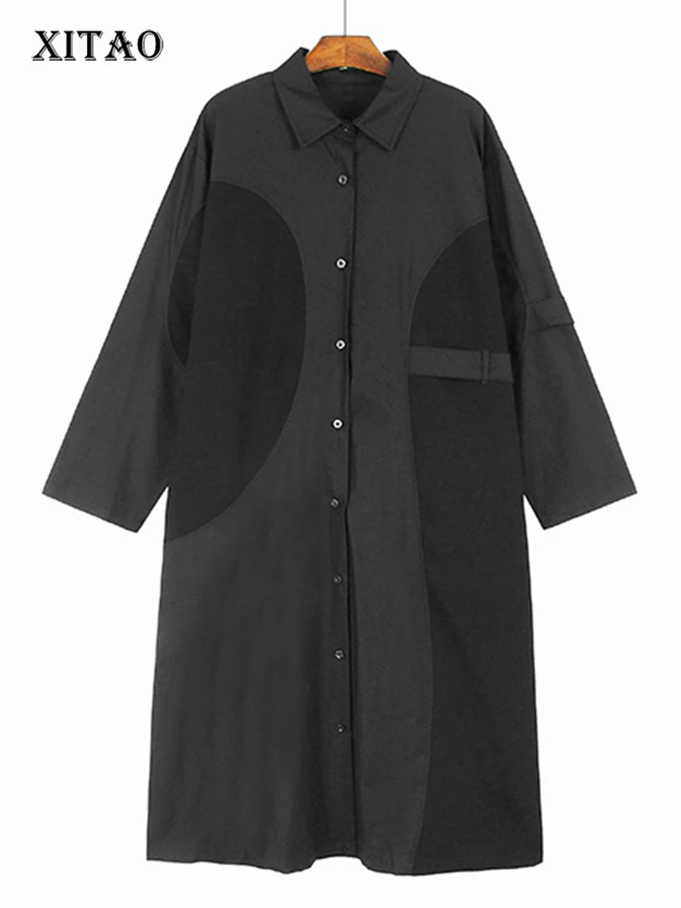 

XITAO Loose Patchwork Shirt Dress Casual Turn Down Collar Single Breasted Women Spring New Simplicity Trend Dress HQQ2225