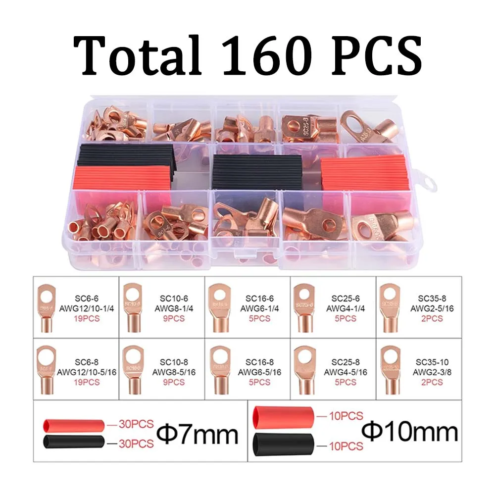 

160 шт., медные быстроразъемные наконечники кабеля для батареи, Калибр AWG 8 4 2 6 10 с набором термоусадочных трубок 80 шт.