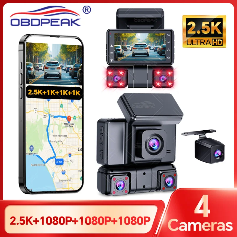 

OBDPEAK 4-канальный GPS-регистратор M65 спереди 2,5K + 3*1080P для автомобиля 360 DVR камера 24H режим парковки Wi-Fi видеорегистратор ИК ночного видения