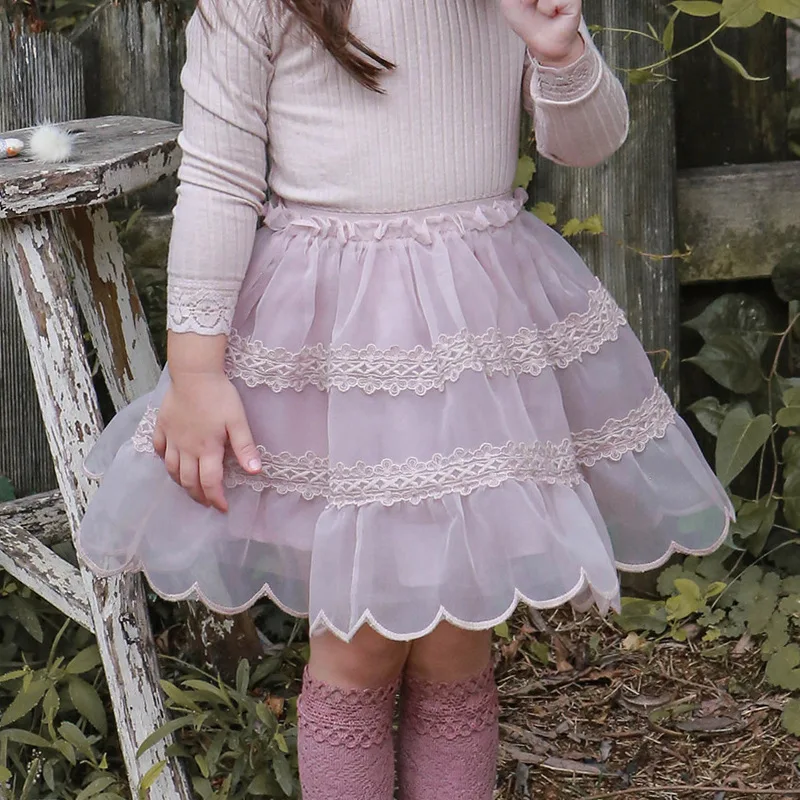 

Children Clothing Kids Casual Skirt 2024 Spring Autumn Korean Style Cute Gauze Lace Solid Color Casual Simple Sweet Skirt