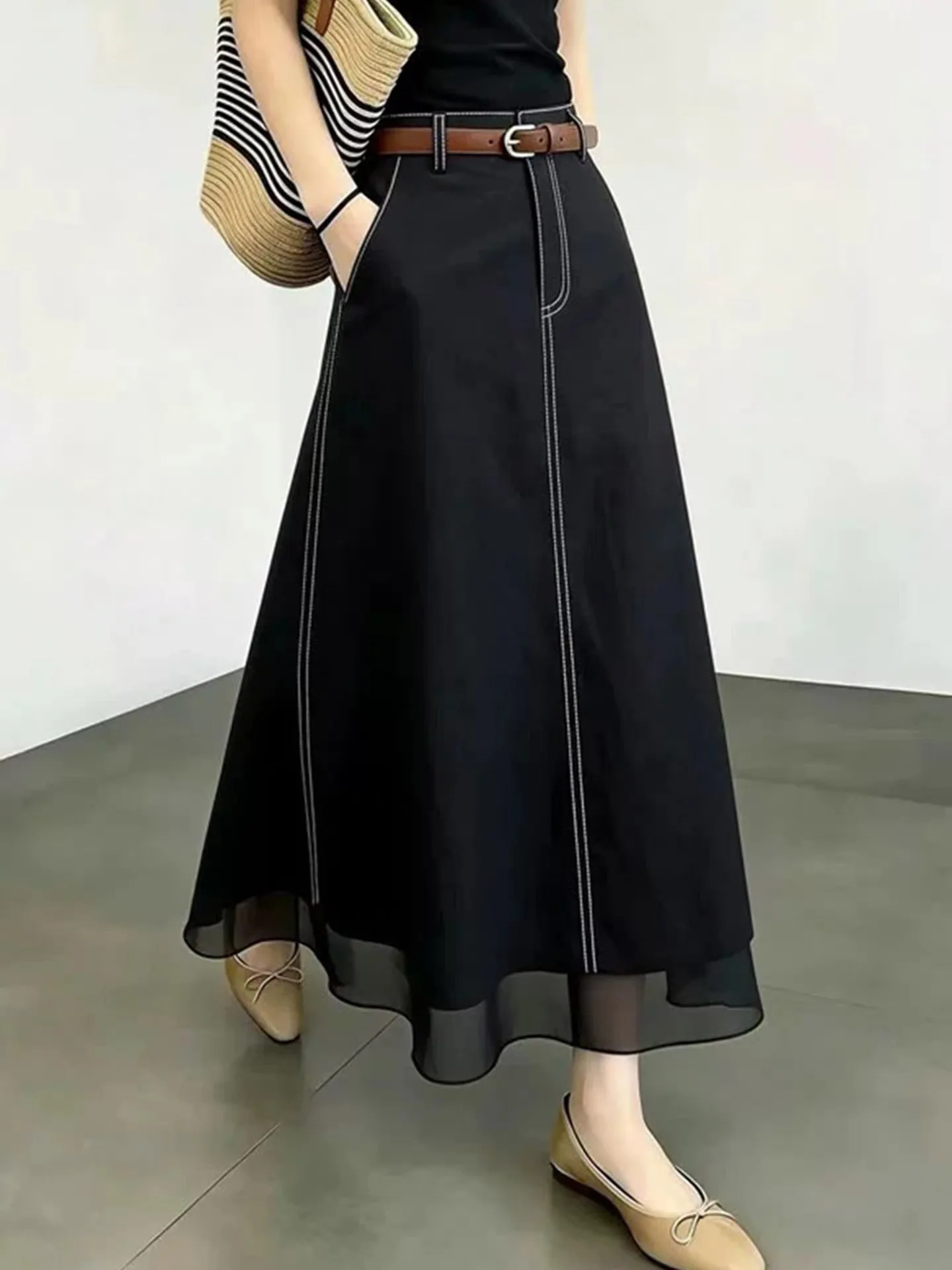 Women Black Contrast Stitch Midi A Line Skirt With Belt High Waist Mesh Hem Pocket Long Flowy Skirt Elegant Casual Ladies Bottom