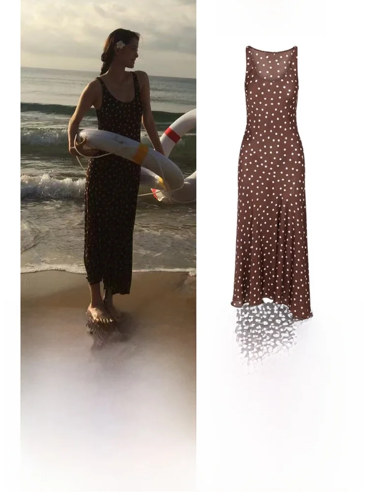 brown-polka-dot-strapl-gown-women's-summer-2025-new-waist-cinching-svel-vest-dr-faion-high-waist-long-skirt