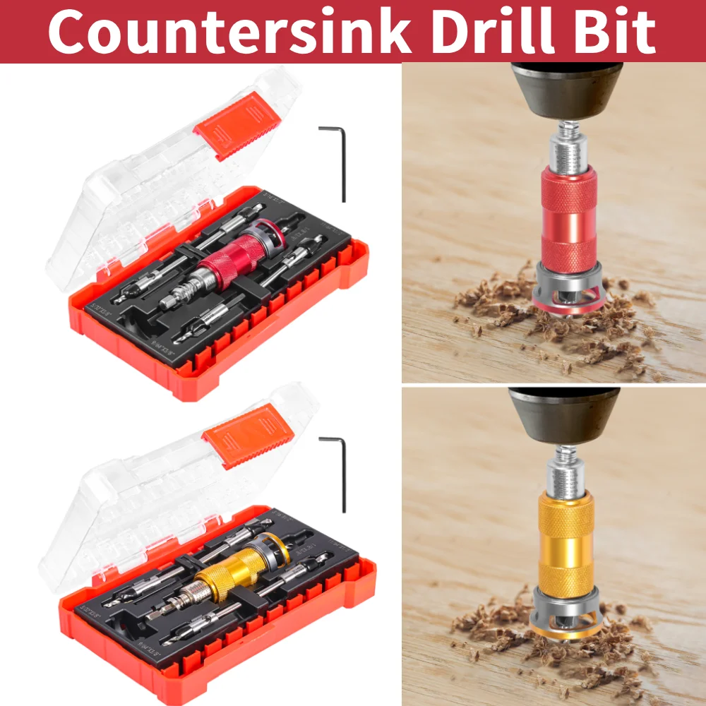 

5Pcs Countersink Drill Bit Set with Aluminum Alloy Limit Ring Low Friction Drilling Tool Kit with Storage Box for Woodworking