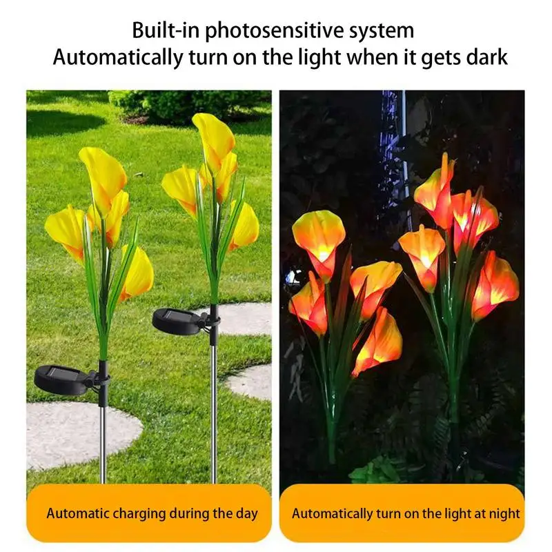 Solar Power Garden Flower Lights Waterproof Stake Lights Calla Lily Design Automatic Multifunctional Outdoor Solar Lights For