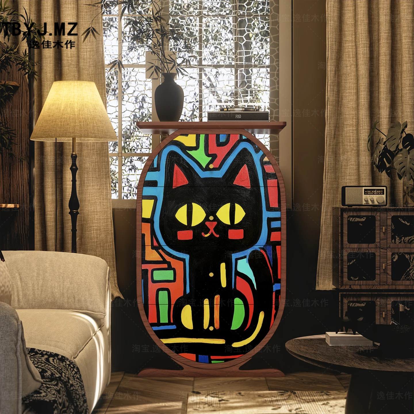 Modern dopamine creative black cat decoration solid wood locker living room bedroom multi-function