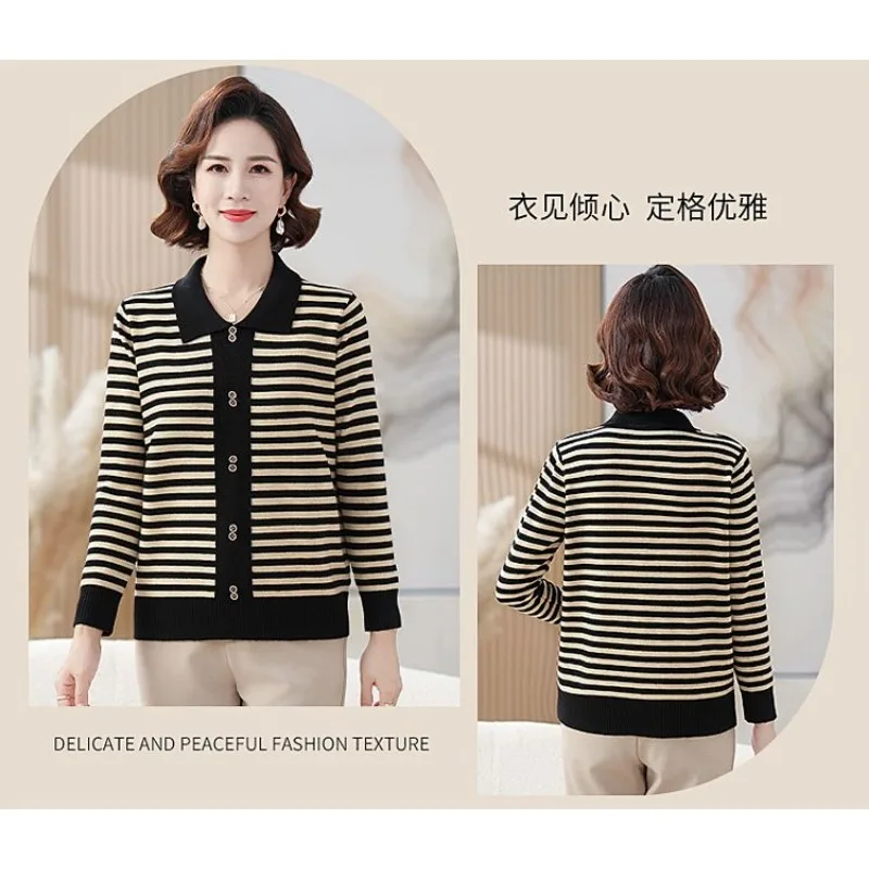 الخريف والشتاء فضفاض التلبيب المرأة النمط الغربي مخطط محبوك سترة طويلة الأكمام قاع قميص أعلى #4