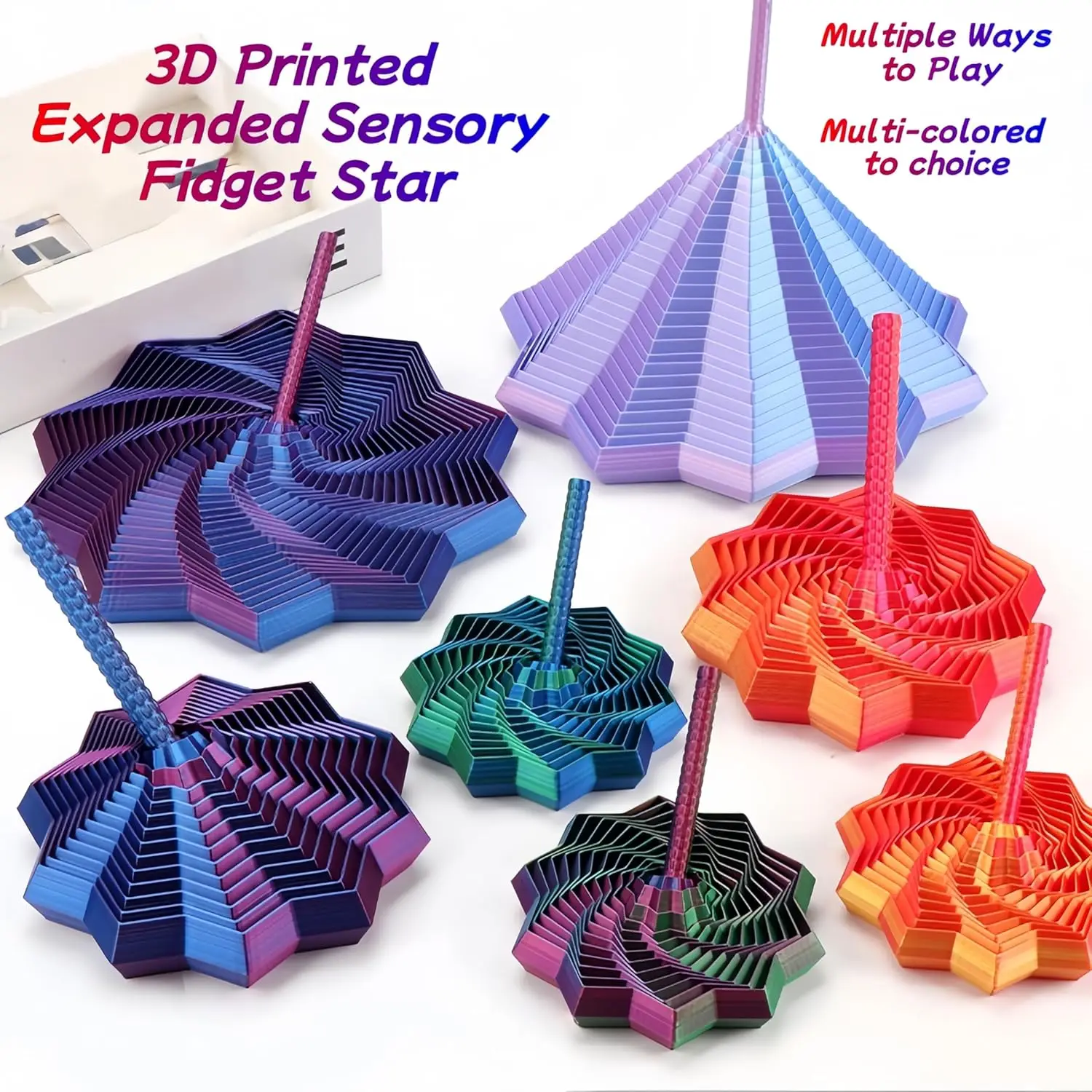 3D Printed Expanded Sensory Fidget Star for Focus & Relaxation, Colorful Whirling Spiral Design, Stress Relief Desk Toy