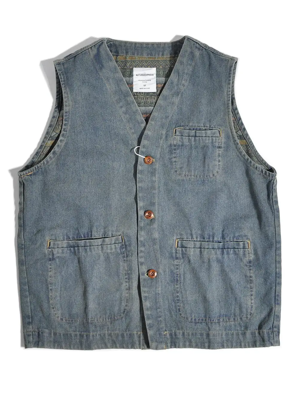 100% Cotton Washed Japanese Ethnic Style Amekaji HK Style V-neck Denim Vest American Vintage Casual Vest Shoulder