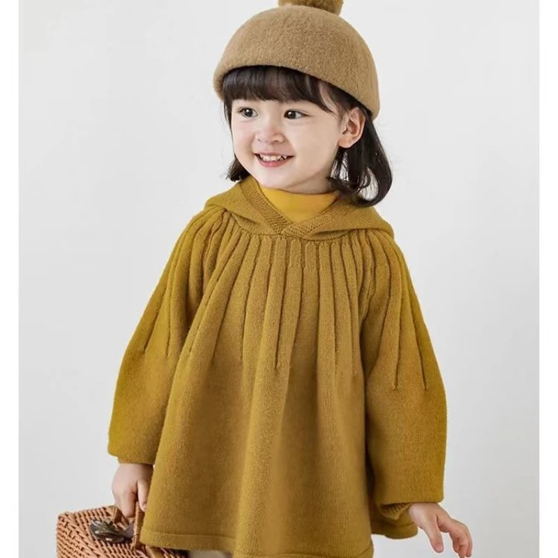 Kids Girls Cloak Coat Spring Autumn New Children Hooded Loose Knit Sweater Korean Baby Princess Clothes