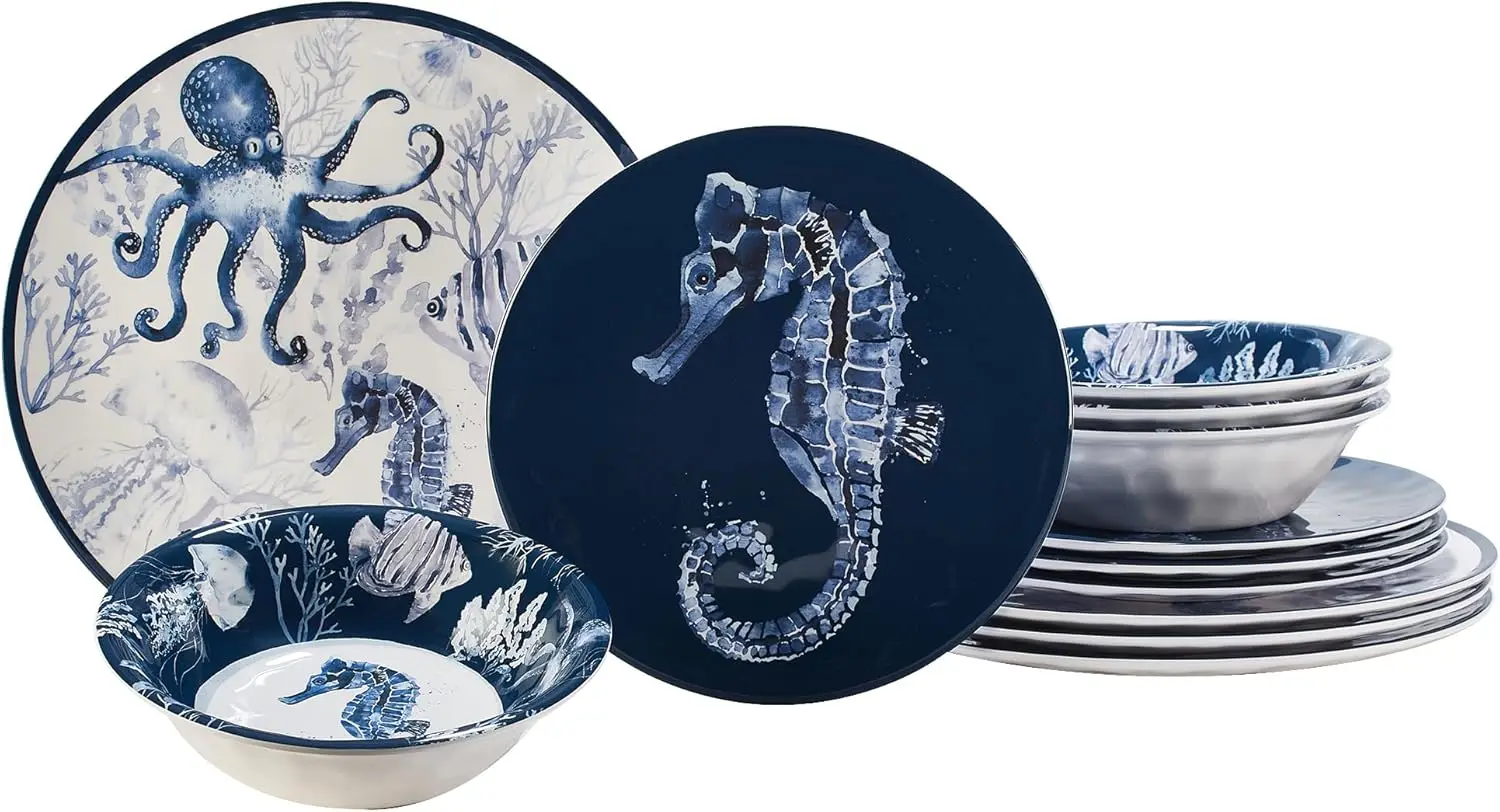 

Sea Life Melamine 12 Piece Dinnerware Set – Service for 4 Coastal Themed Plates and Bowls with Ocean Art, Reusable Nautical Dinn