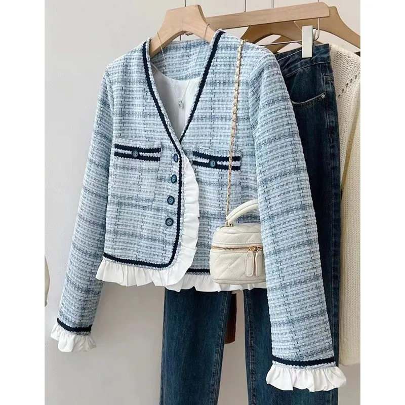 Vintage V-neck Tweed Jacket Autumn Winter Sky Blue Short Coat Lace Ruffles V-neck Outerwear Sweet Girls Fashion Lady Korean 2023