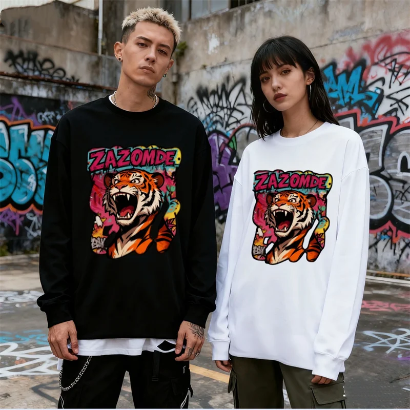 

ZAZOMDE Хлопковая футболка унисекс в уличном стиле с принтом тигра Рубашка в стиле хип-хоп Футболка с длинными рукавами Повседневная одежда Мягкий тканевый топ