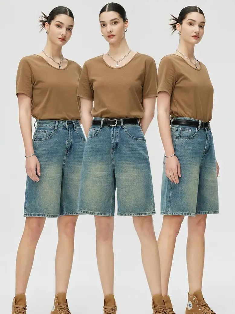 Vintage five-point denim shorts Spring/summer new loose slim wide leg mid-length pants women's five-point mid-length pants