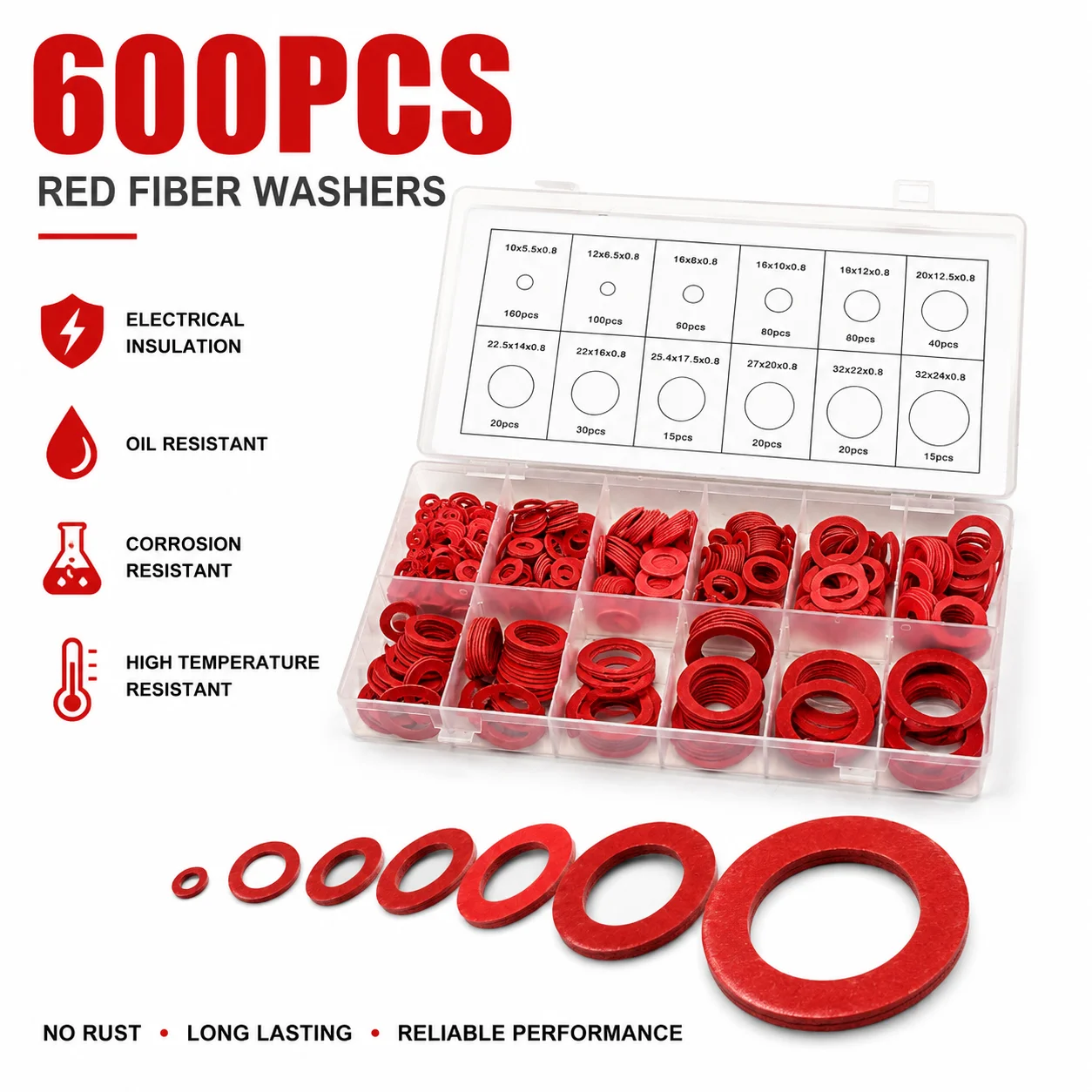 600 Pieces M5.5/6.5/8/10/12/12.5/14/16/17.5/20/24 Red Steel Paper O-ring Repair Box for Automotive Repair and Home Appliances