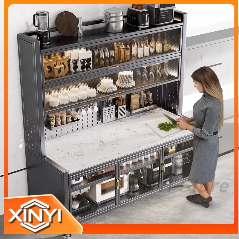 Multifunctional Floor Standing Kitchen Storage Rack for Microwave Oven Bowls Pantry Cabinet with Multiple Shelves