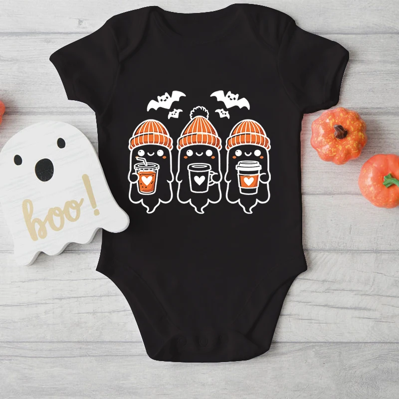 Baby Bodysuit Cute Ghost Drinking Coffee Halloween Newborn Girl Boy Bodysuits Funny Halloween Ghost Print Cotton Baby One-Pieces