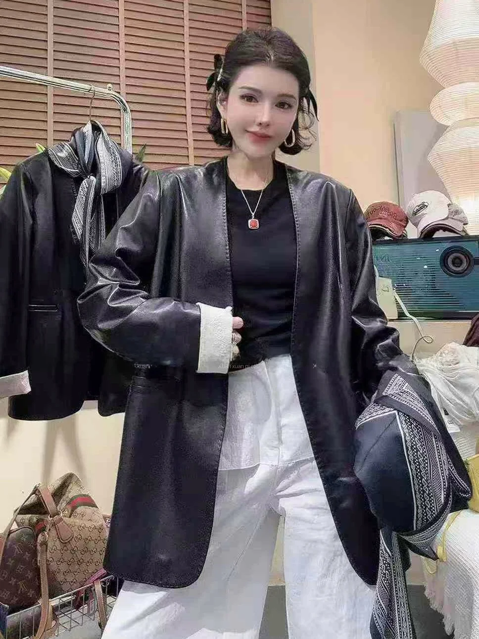 

2026 New Women's Medium Length eepskin Leather Jaet Trendy Coat Casual Sle Long Sve ket Design Commute Faion