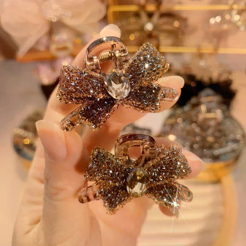 2Pcs Light Luxury Full Diamond Bow Small Shark Clips Cute Traceless Hair Accessories For Women Girls Temperament Hair Claw