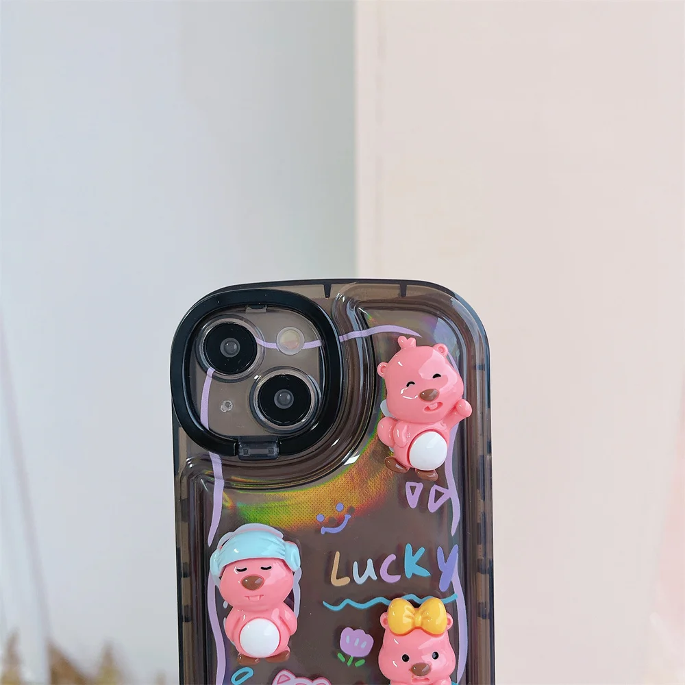 Cute 3D Bear Phone Case with Chain Lens Stand Holder Cases Protector Cover iPhone 14 13 12 Pro Max 11 15 Pro Max image 5