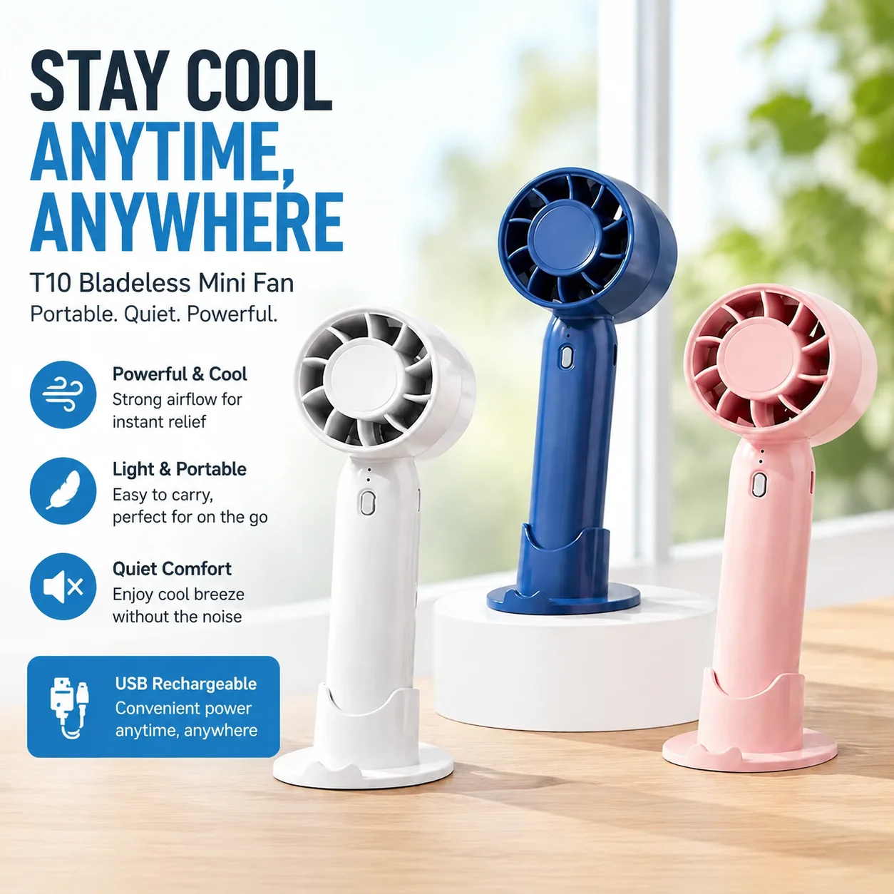 T10 Bladeless Mini Fan Portable Handheld Outdoor Desk USB Rechargeable Quiet Personal Summer Cooling Fan