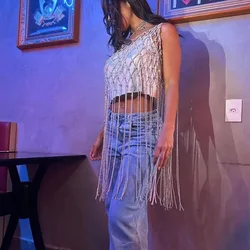 Beachapche Rhinestone Diamond Rope Halter Hollow Strap Tassel Top 2025 New Sexy Hot Women Party Top