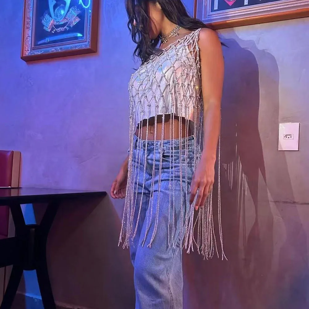 Beachapche Rhinestone Diamond Rope Halter Hollow Strap Tassel Top 2025 New Sexy Hot Women Party Top