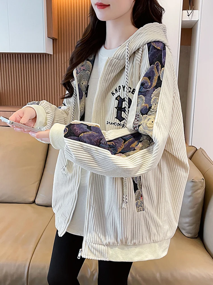 Chinese Retro Auspicious Clouds Waves Splicing Embroidery Letters Comfort Fashion Zipper Loose Casual Drawstring Hooded Jacket