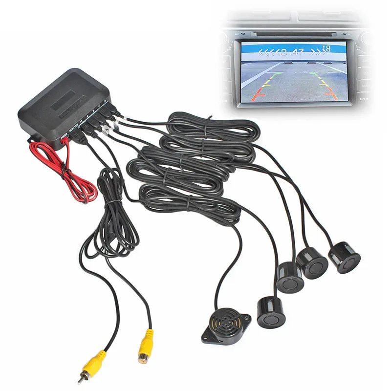 

DIYKIT Car Video Reverse Parking Radar 4 Sensors Rear View Backup Security System Sound Buzzer Alert Alarm for Camera Monitor