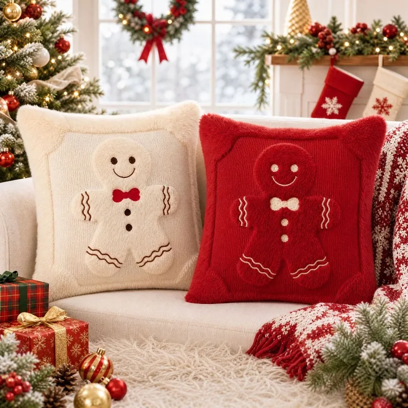 2-Piece Christmas Plush Cushion Cover 3D Embroidery Throw Pillow Cover Festive Holiday Party Sofa Couch Home Decor Pillowcase