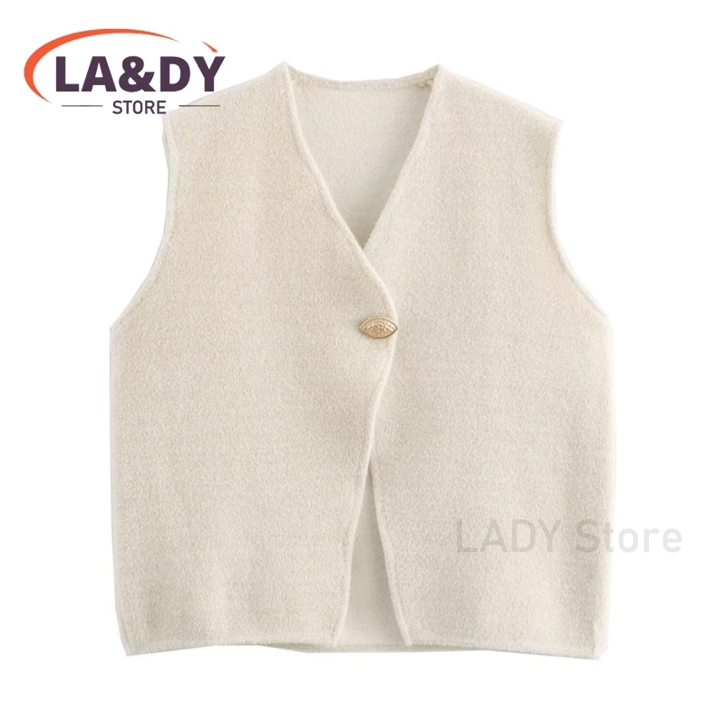 Waistcoat Tops Woman 2024 Autumn Fashion V-Neck Leafage Buckle Knit Vest Female Solid Color Casual Sleeveless Tank