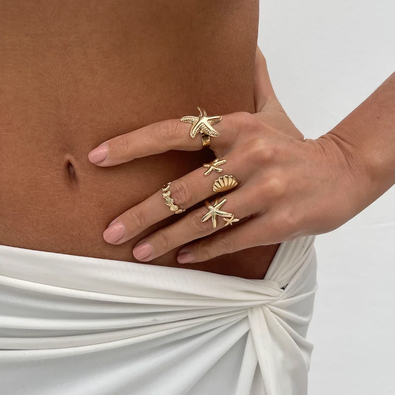 4Pcs/Set Starfish Scallop Adjustable Open Rings for Women Trendy Geometric Gold Color Ring Summer Beach Jewelry Accessory