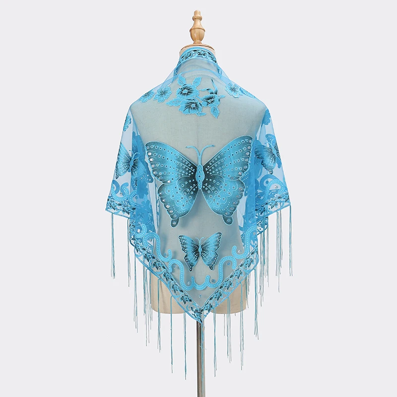 Printed Butterfly Lace Scarf Triangle Tassel Shawl Elegant Ladies Summer Solid Color Shiny Scarves Fashion Cape 150*65cm