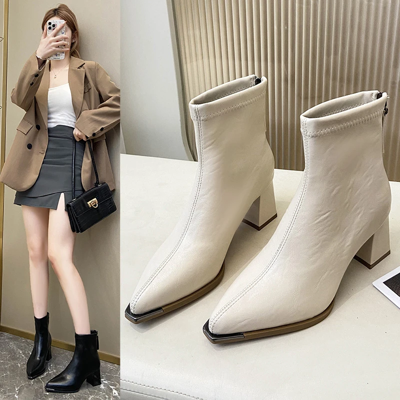おしゃれで高品質なハイヒールショートブーツ-レディース-2025年秋冬新作-ジッパー付きレザーブーツ-多用途ブーツ