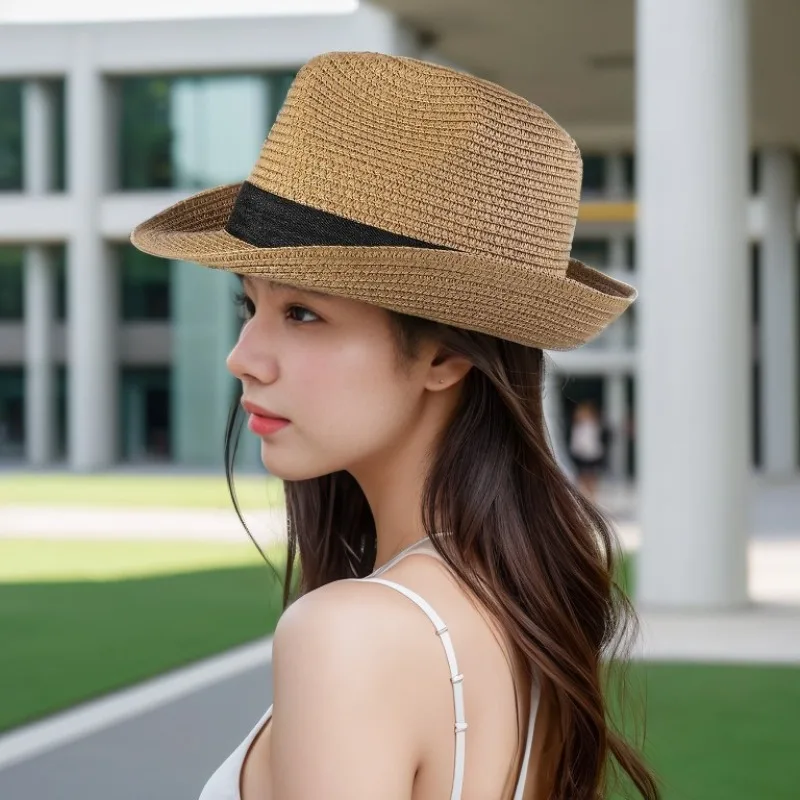 1pc Wide Brim Straw Panama Hats For Women Summer Sun Protection Straw Hat Female Round Curled Brim Parent Child Sunshade Travel