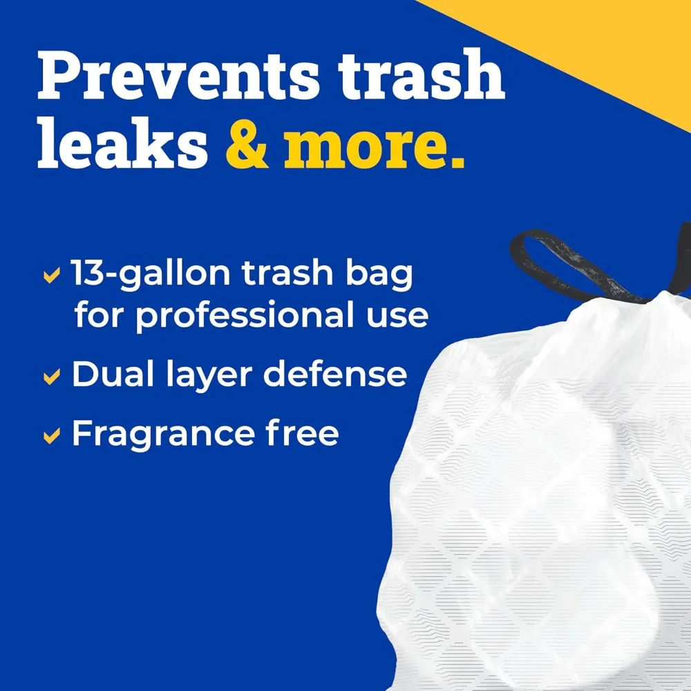 13 Gallon Tall Kitchen Trash Bags with Drawstring, 100 Count, Rip & Tear Resistant, Unscented, Leak Guard