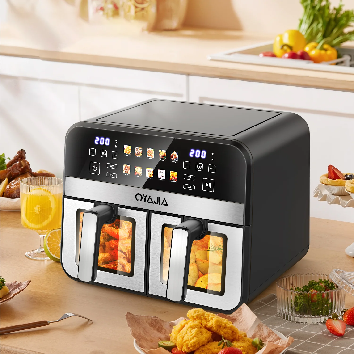 Freidora de Aire 10 en 1, Freidora de Doble Cámara, Mini Horno, Freidora de Aire de Doble Puerta 10L 2400W con Múltiples Modos Preestablecidos, Temporizador, Ventana de Visualización, Acero