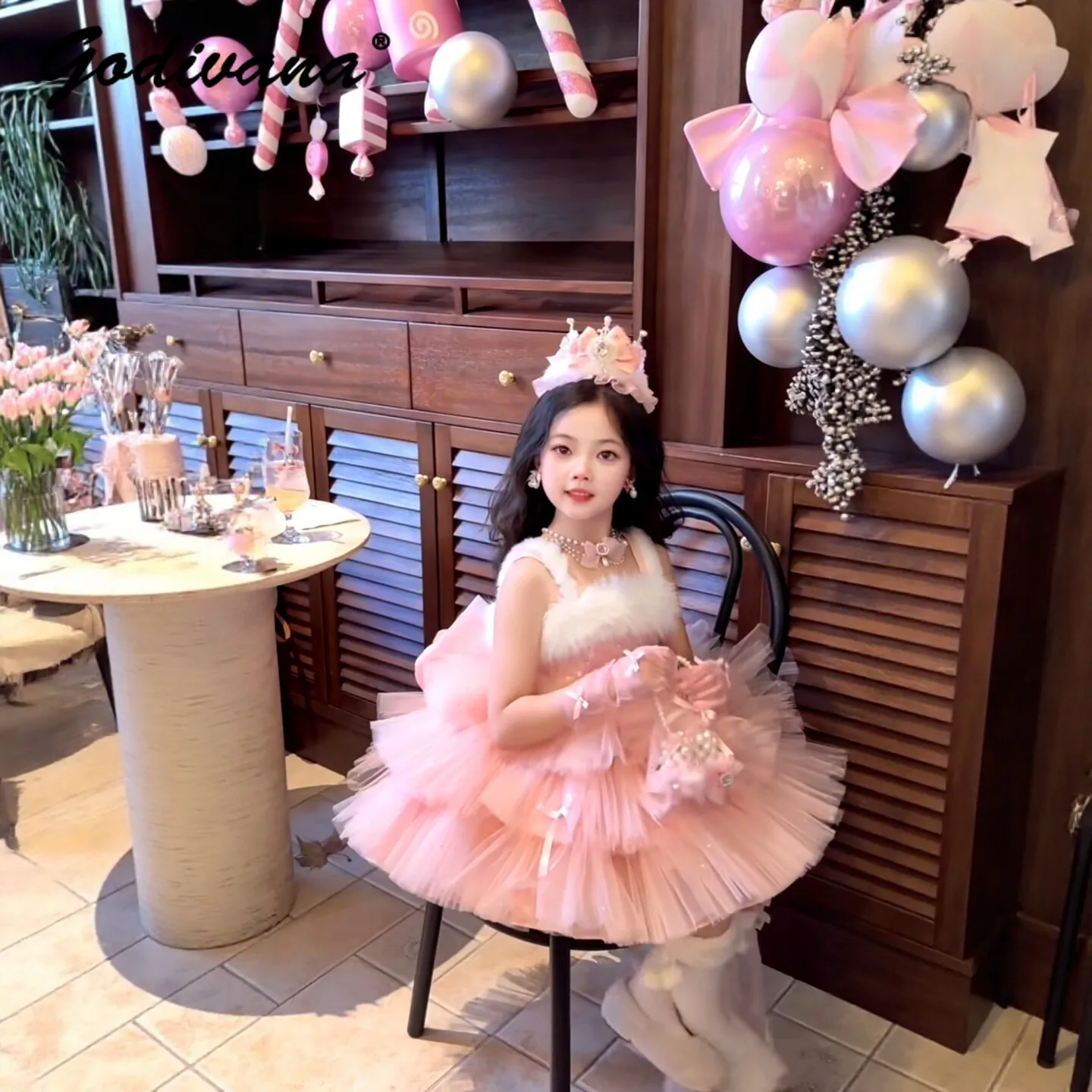 Sweet Girls High End Luxury Princess Cake Tutu Dress Flower Girl Fashion Mesh Sequin Bow Birthday Party Performance Evening Gown