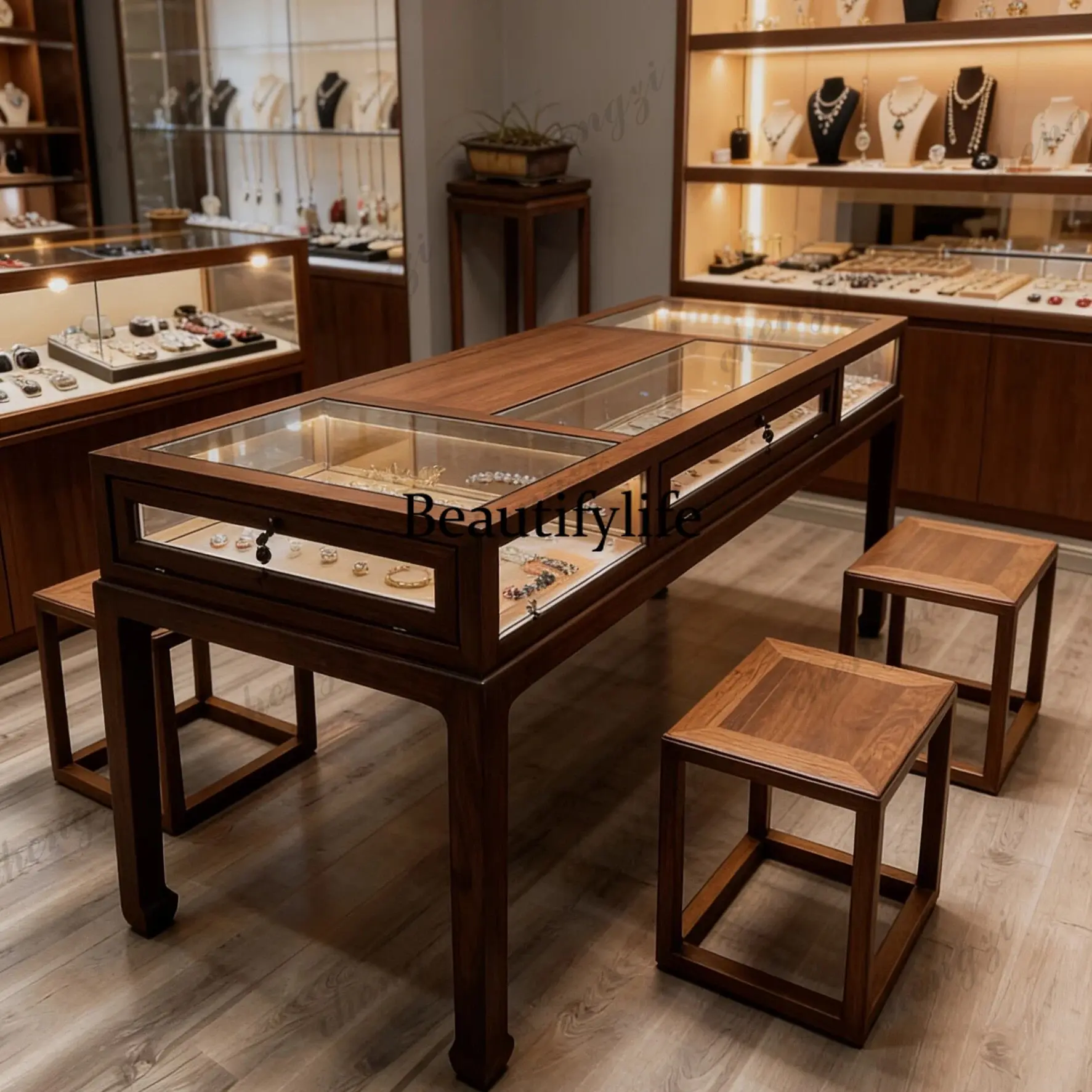 Jewelry Display Cabinet Gold Jade Antique Jade Jewelry Glass Display Cabinet Tea and Tea Set Counter