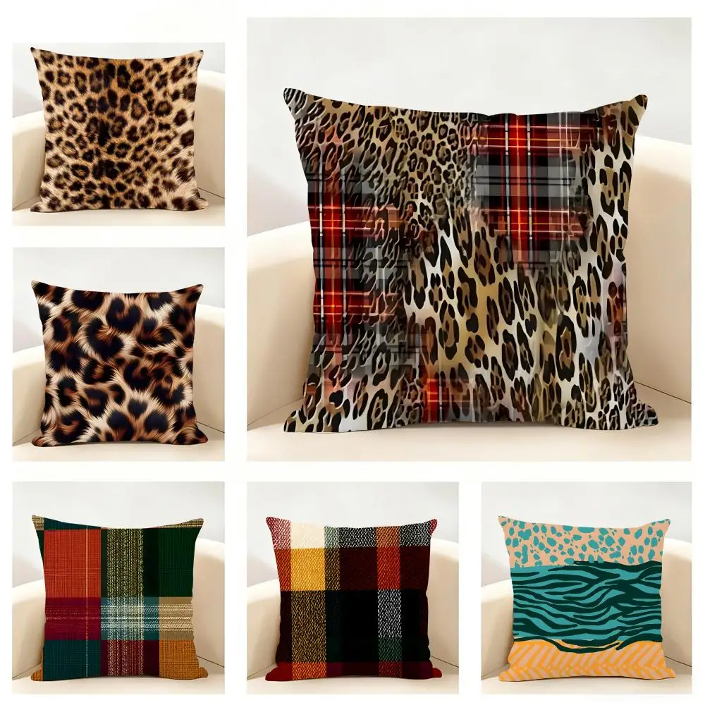 Plaid Leopard Print Textures Pillow Cushion Cover Linen Pillowcase Soft  for Sofa Bed Home Room Decor
