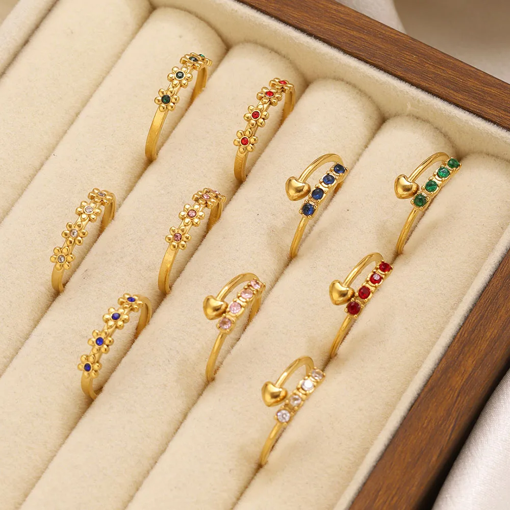 1 Stück Vergoldeter Edelstahlring für Frauen Bunter Zirkon Blumen-Herz Dünner Ring Stapelbarer Fingerschmuck Tägliches Tragen – Detail 1